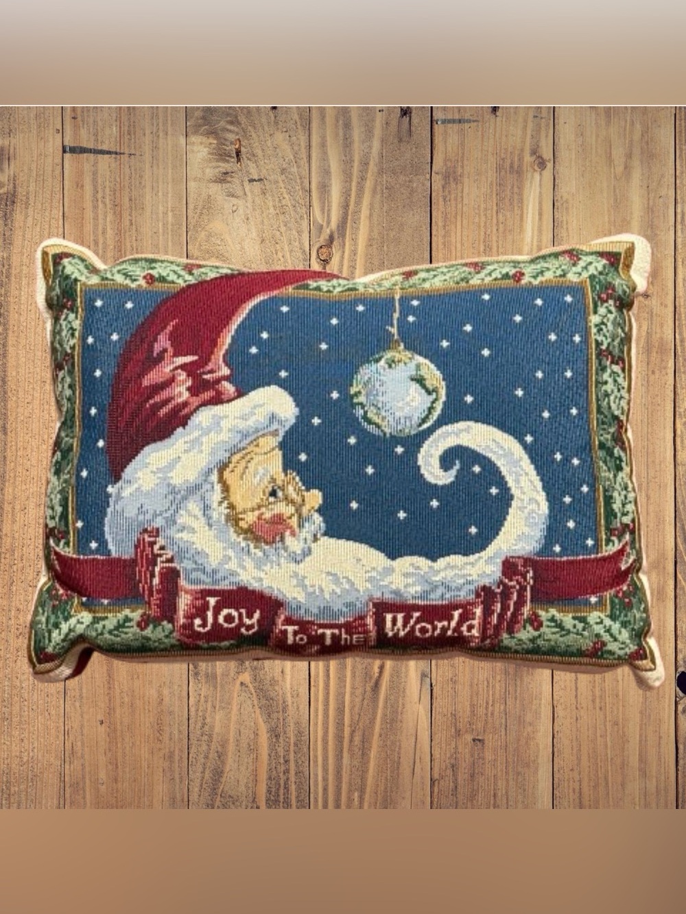 Vintage Tapestry Santa Claus Joy To The World Stuffed Throw Pillow Christmas
